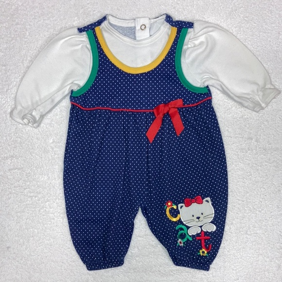 Vintage Heathtex Jumper kitty cat Polka Dot /90s romper 3m - Picture 1 of 8